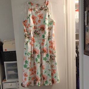 Floral Sleeveless Dress - White and Orange